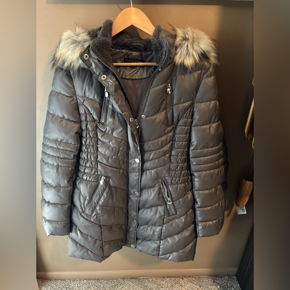 Preston & York brown Quilted Puffer Coat with Faux Fur Hood